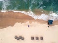 Aerial view of the beach. The Mediterranean Sea, Israel. The house of the rescuer, umbrellas, sand, chaise longue.